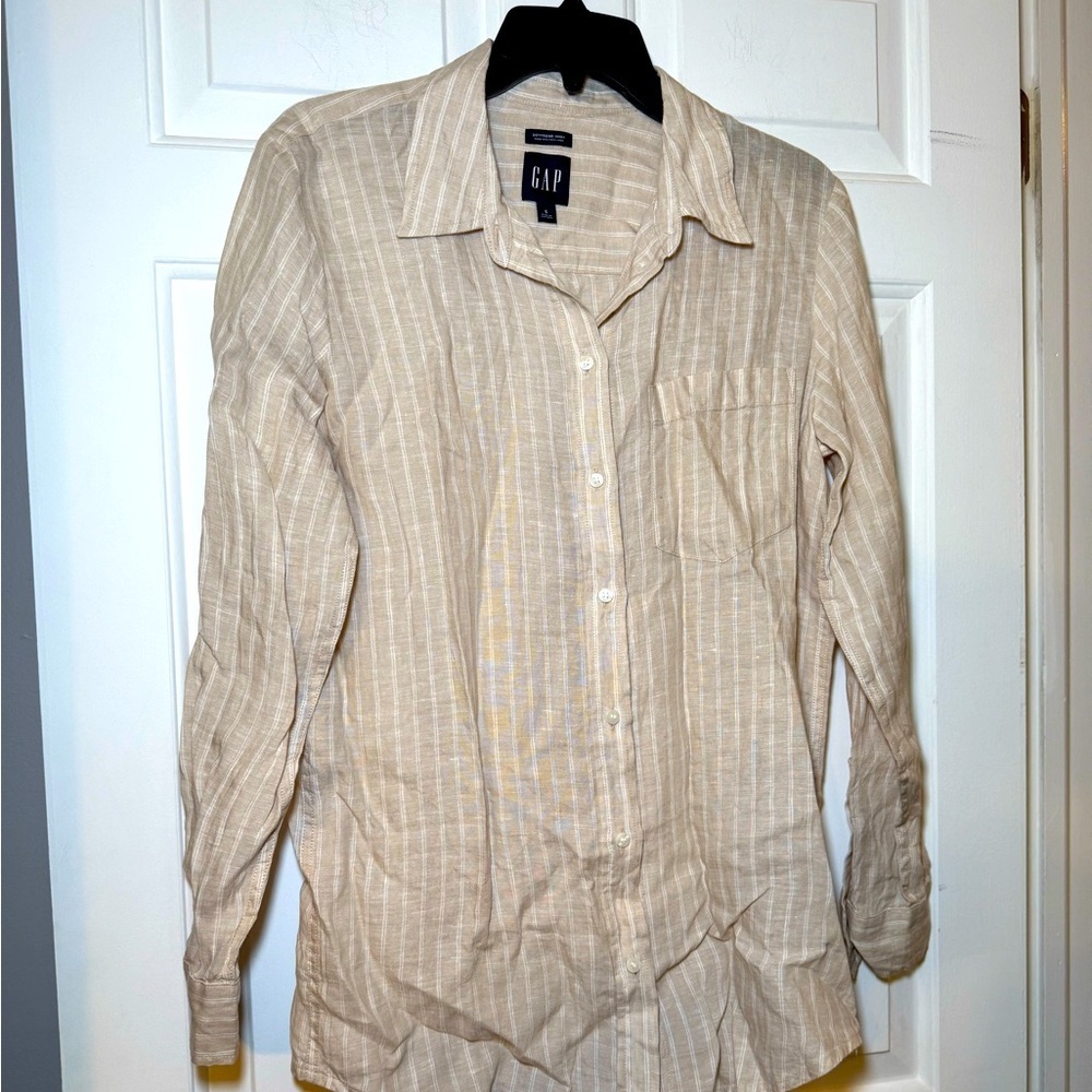 Gap Woman’s Boyfriend Shirt Linen Tan And Ivory Stripe Button Up Small Collar